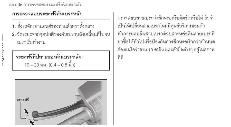 คู่มือ Honda Giorno+ แสดงระยะฟรีคันเบรกหลัง 10-20 มม.