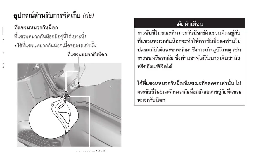 คู่มือ Honda Giorno+ แสดงที่แขวนหมวกกันน็อกใต้เบาะ