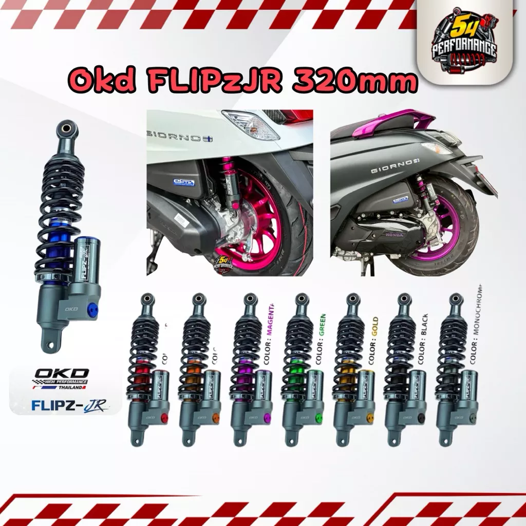 โช๊คหลัง OKD FLIPzJR 320mm ของแท้ สำหรับ Honda Giorno125, Lead125, Grand Filano, Scoopy i (พร้อมส่ง) - อะไหล่แต่ง Giorno+