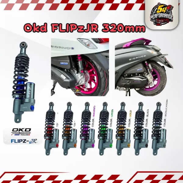 โช๊คหลัง OKD FLIPzJR 320mm ของแท้ สำหรับ Honda Giorno125, Lead125, Grand Filano, Scoopy i (พร้อมส่ง)