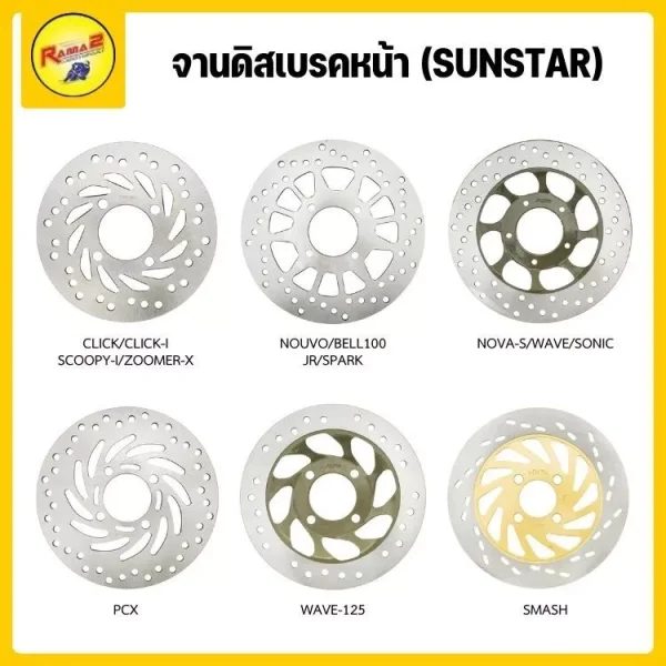 จานดิสเบรคหน้า SUNSTAR สำหรับ Honda Giorno, Click, PCX, Wave และ Yamaha NMAX, Fino, Mio (เลือกตามรุ่นรถ)